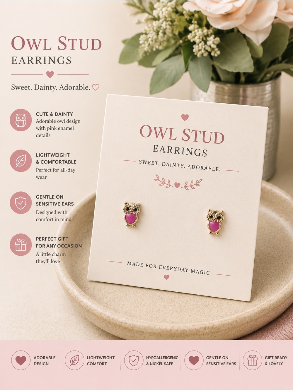 Rose Colored- Gold Owl Studs